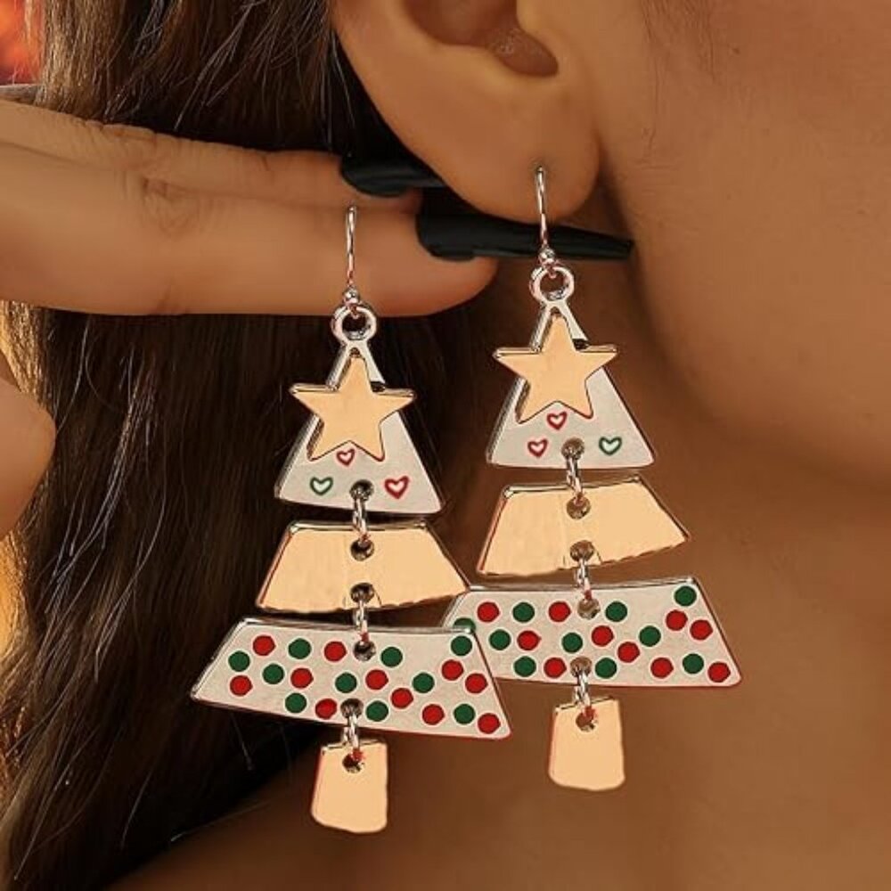 Christmas Tree dangle earrings with red/green ornaments